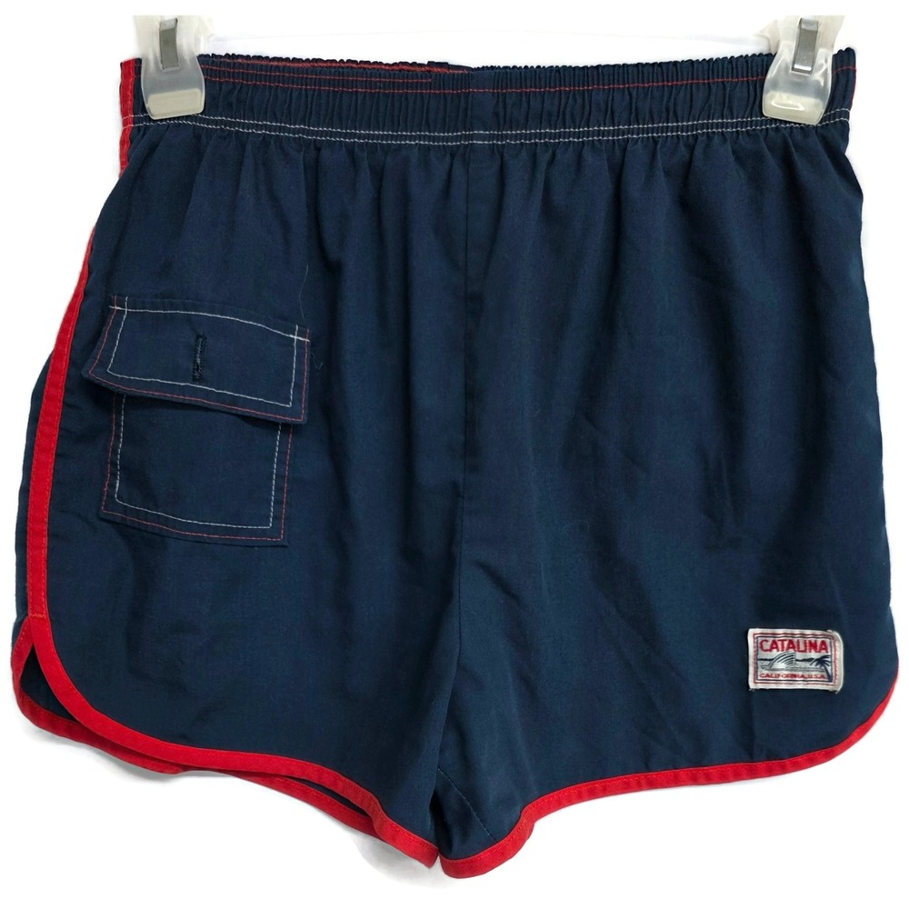 Catalina California USA Mens Navy Blue Red Trim Swim Trunks Size 38 Vintage